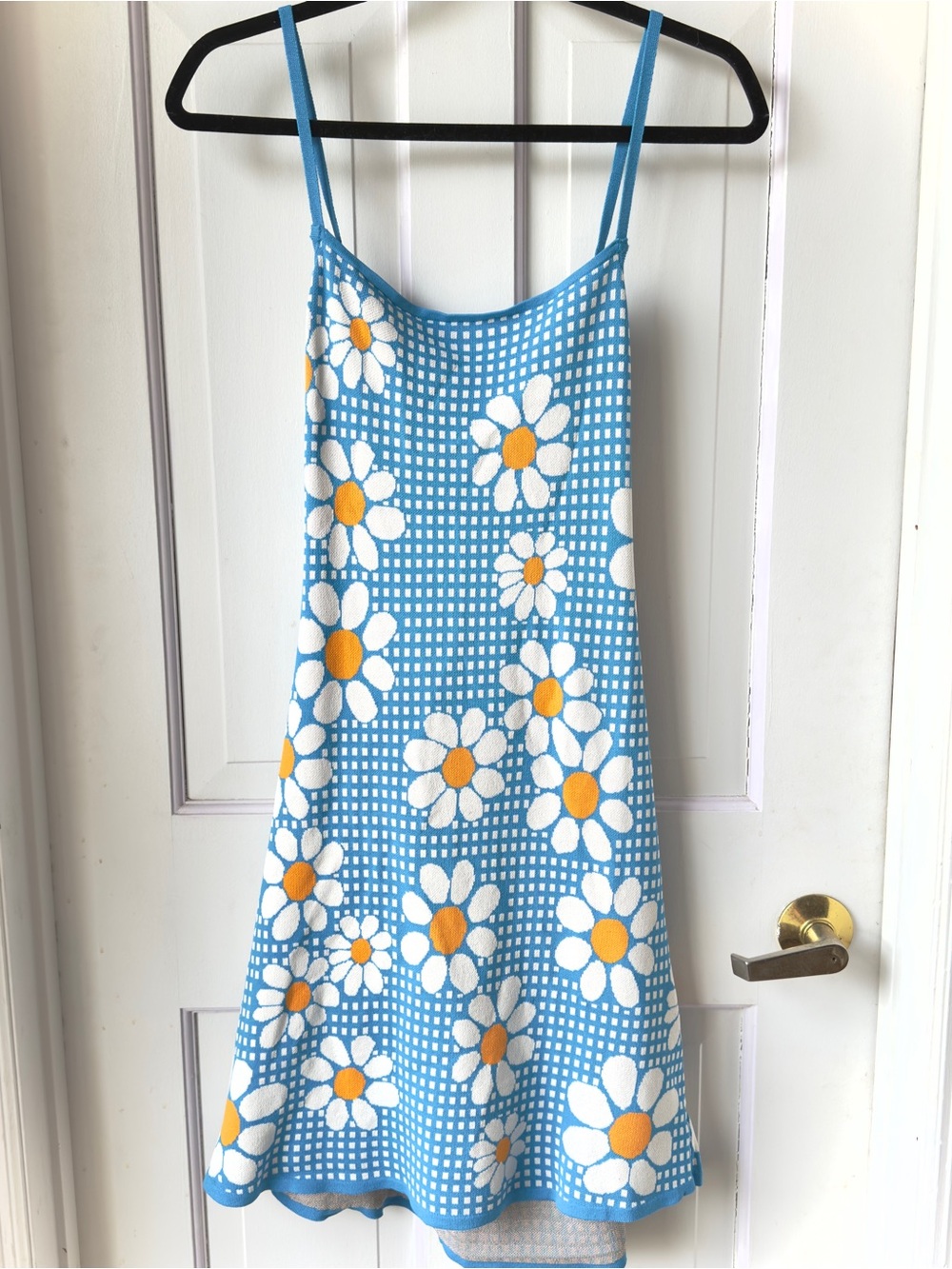 Zara Blue Gingham Daisy Knit Mini Dress Size Large - Picture 5 of 12